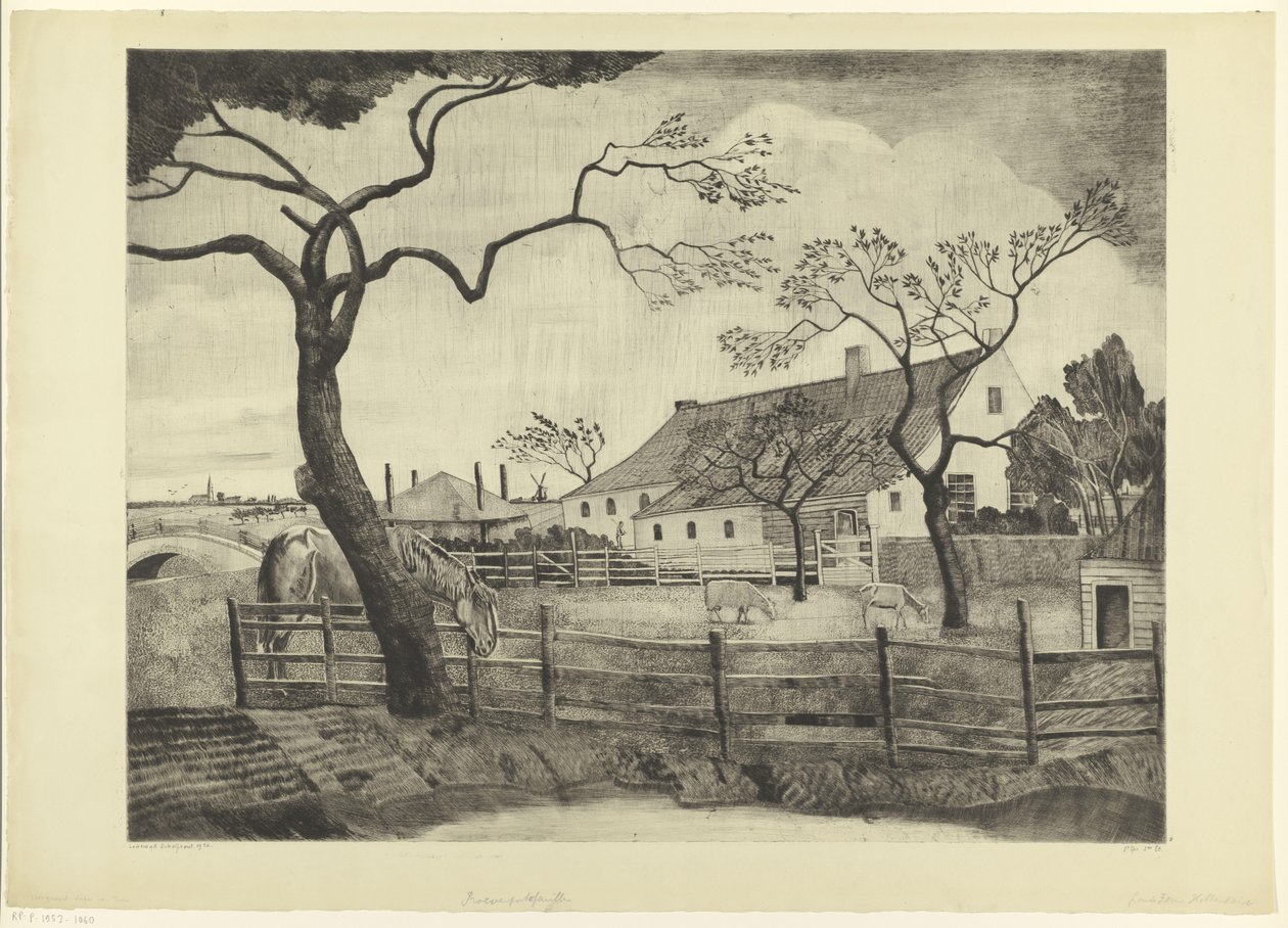 Maatila karjalla Hollannissa Grande ferme Hollandais (alkuperäinen nimi) tekijältä Lodewijk Schelfhout (signed by artist)