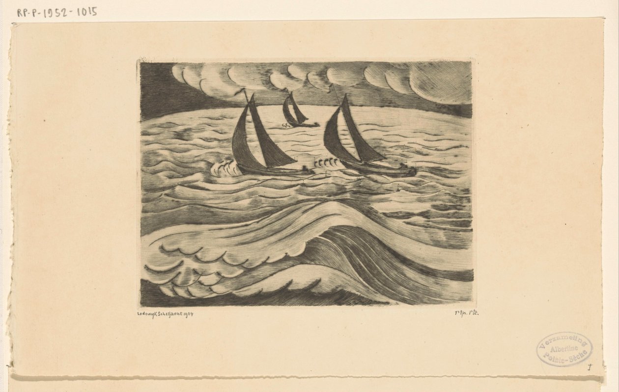 Kolme purjelaivaa merellä myrskyn aikana La Tempête (alkuperäinen nimi) tekijältä Lodewijk Schelfhout (signed by artist)
