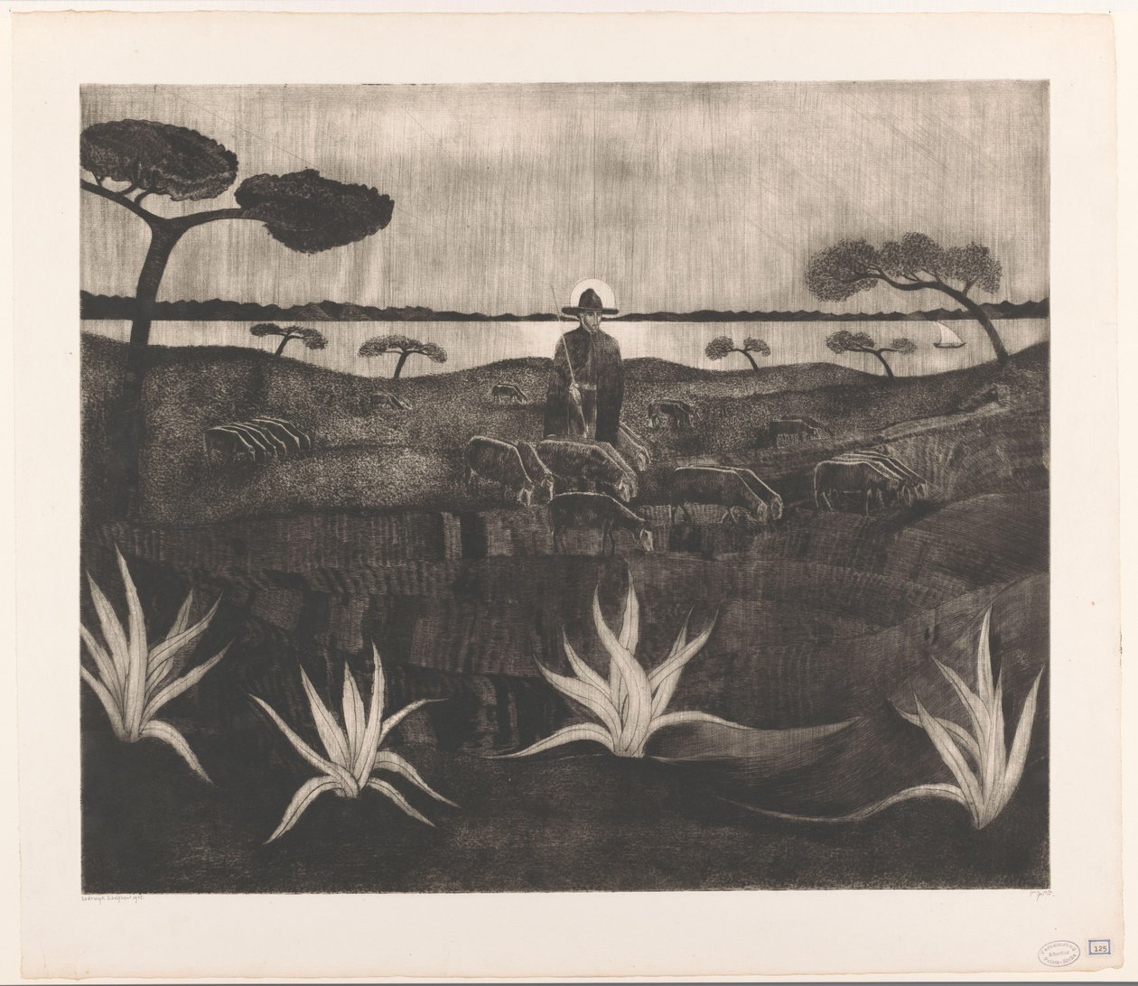 Paimen lammaslauman kanssa mäkisessä maisemassa Le Troupeau (alkuperäinen nimi) tekijältä Lodewijk Schelfhout (signed by artist)