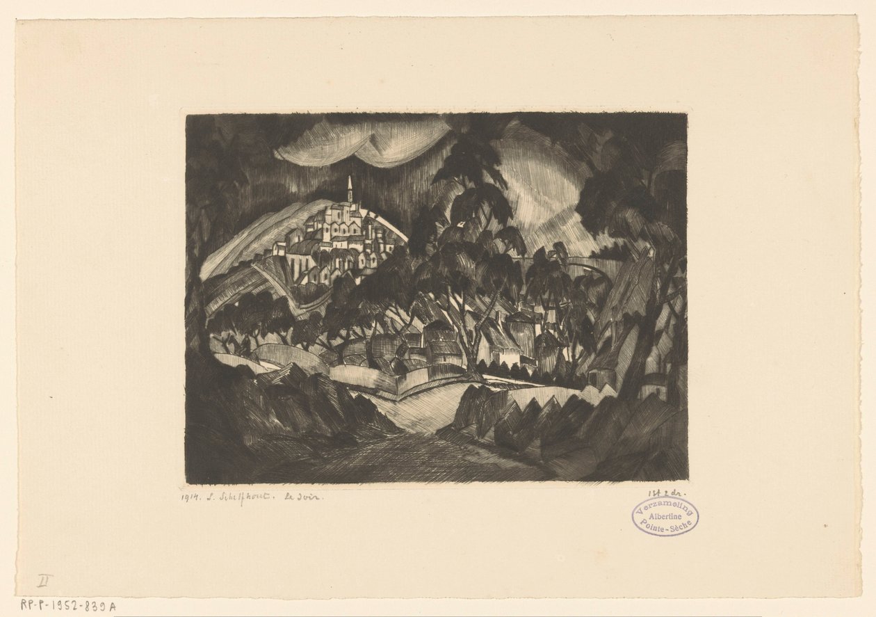 Mäkinen maisema puita ja rakennuksia Le Soir (alkuperäinen nimi esineessä) tekijältä Lodewijk Schelfhout (signed by artist)