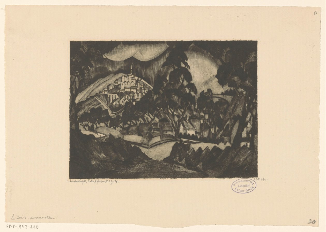 Mäkinen maisema puita ja rakennuksia Le Soir (alkuperäinen nimi esineessä) tekijältä Lodewijk Schelfhout (signed by artist)