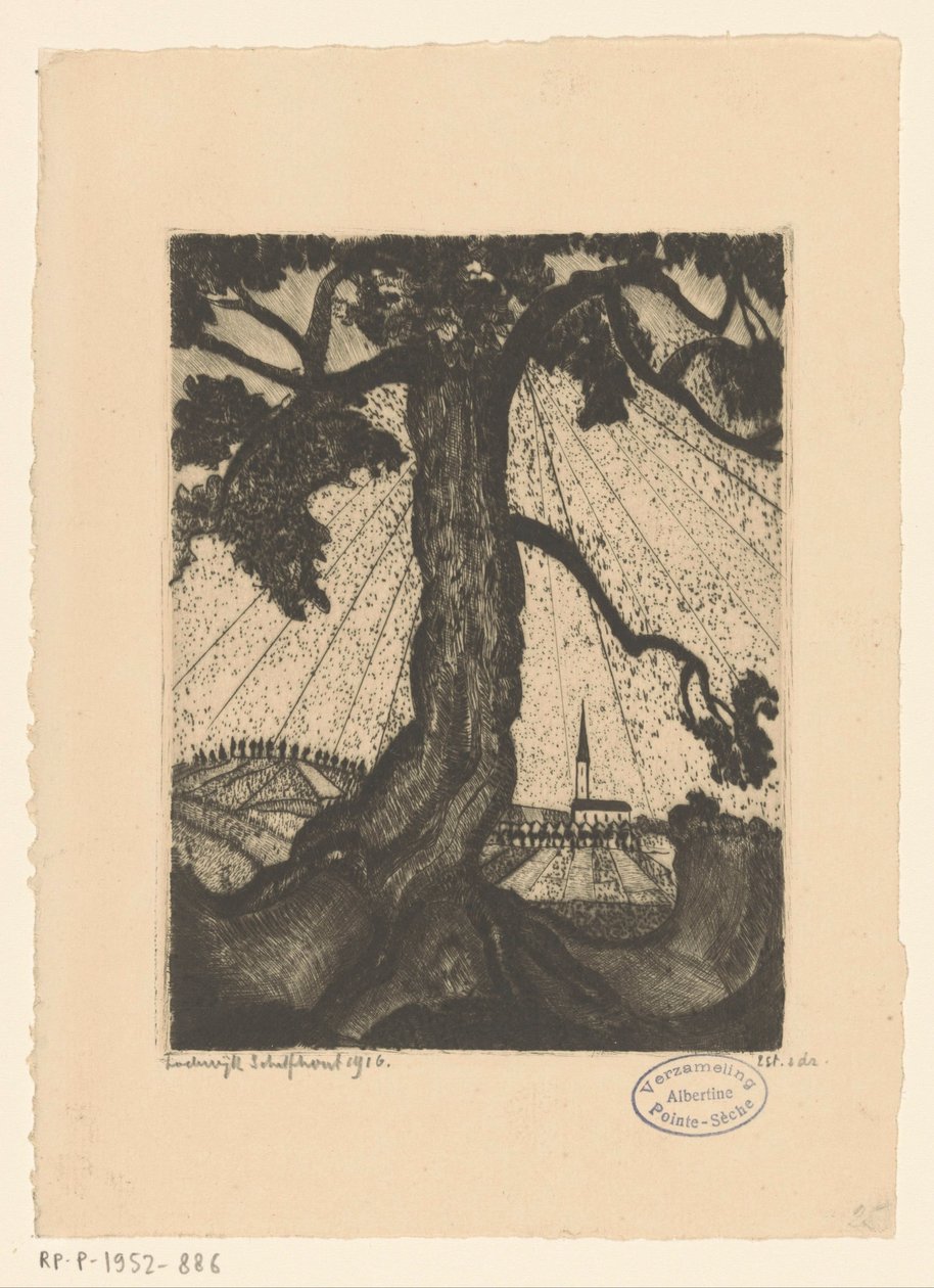 Mäkistä maisemaa ja asutusta Le Village I (alkuperäinen nimi) tekijältä Lodewijk Schelfhout (signed by artist)