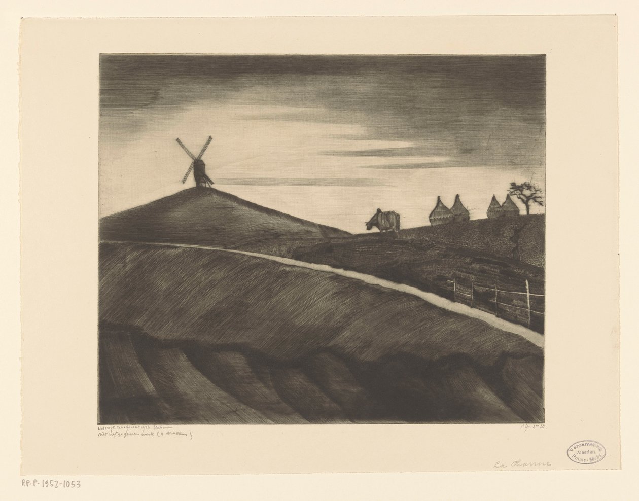 Mäkinen maisema kyntävien härkien kanssa lähellä Etikhovea La Charrue (alkuperäinen nimi) tekijältä Lodewijk Schelfhout (signed by artist)