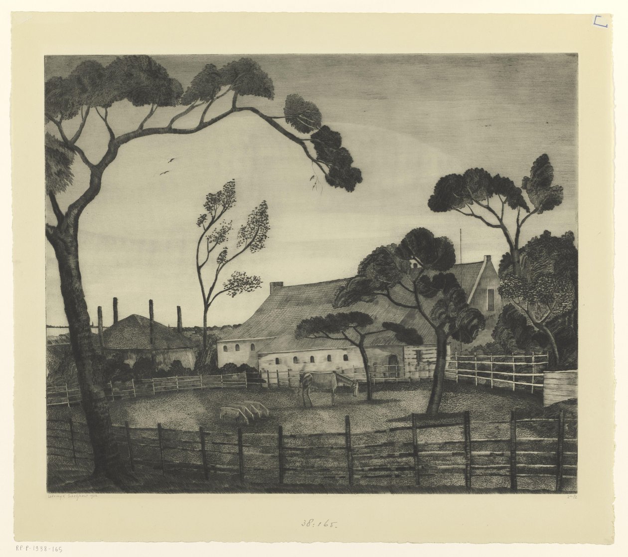 Hollantilainen maisema maatilalla ja niityllä Paysage Hollandais (alkuperäinen nimi) tekijältä Lodewijk Schelfhout (signed by artist)
