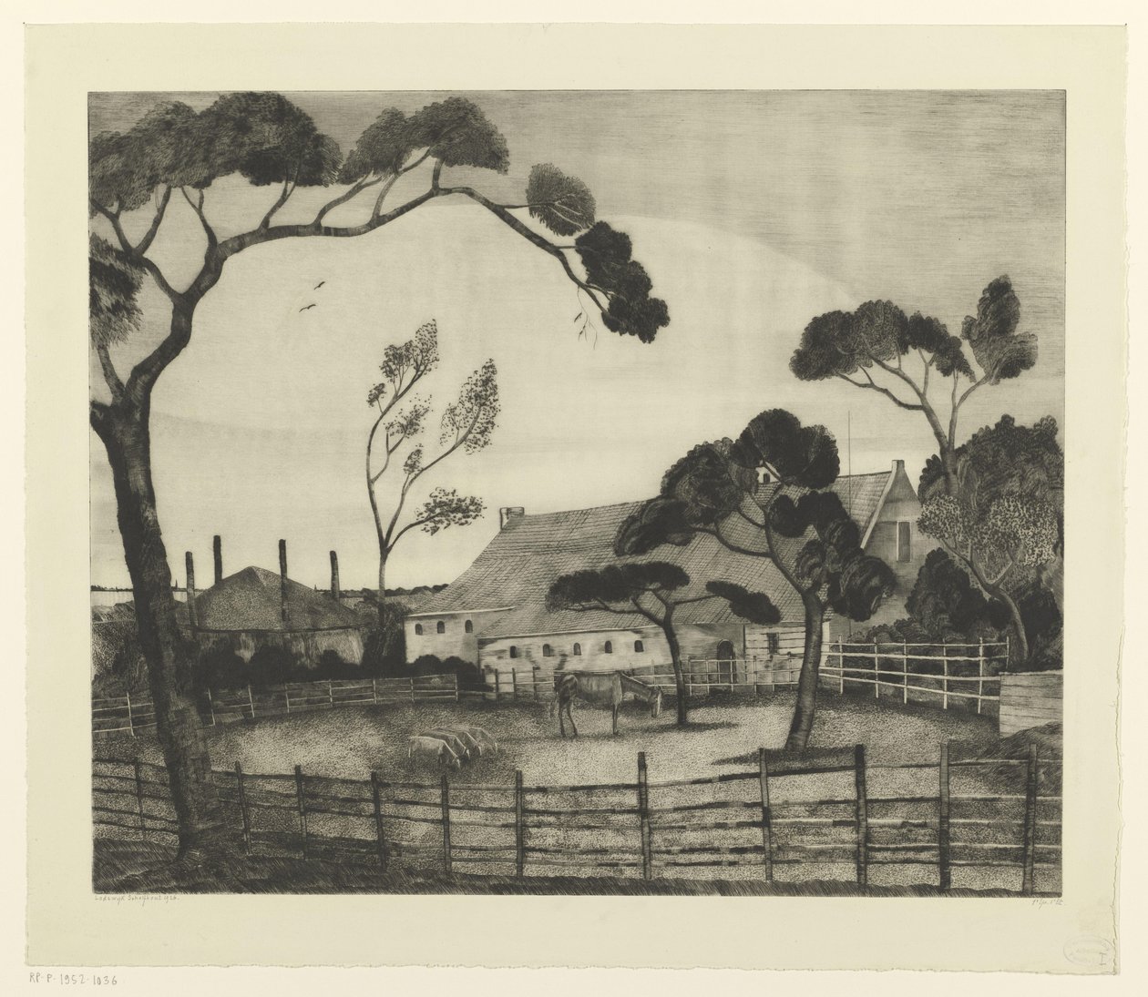 Hollantilainen maisema maatilalla ja niityllä Paysage Hollandais (alkuperäinen nimi) tekijältä Lodewijk Schelfhout (signed by artist)