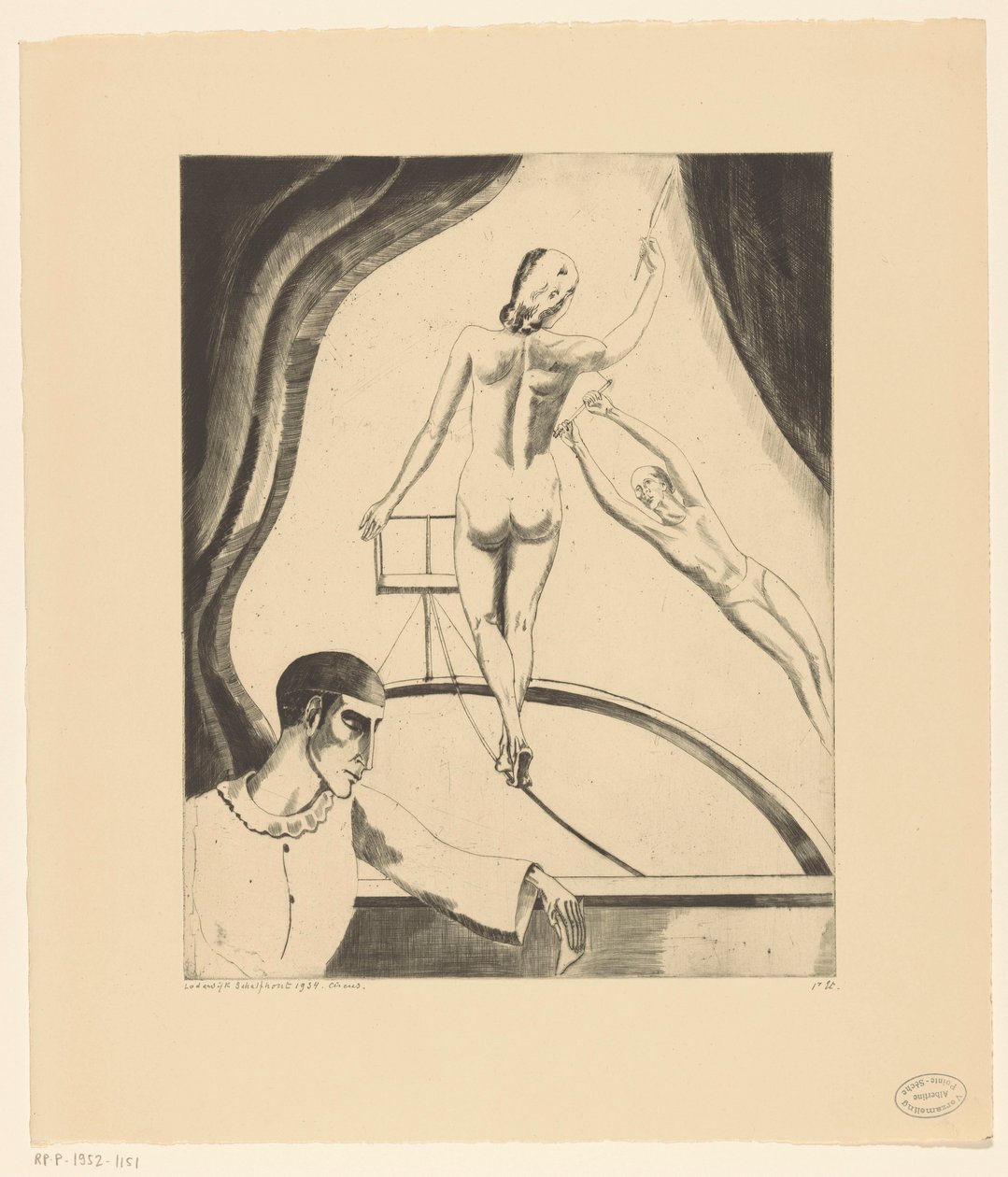 Naaratanssija, trapetsitaiteilija ja pierrot Le Cirque I (alkuperäinen nimi) tekijältä Lodewijk Schelfhout (signed by artist)
