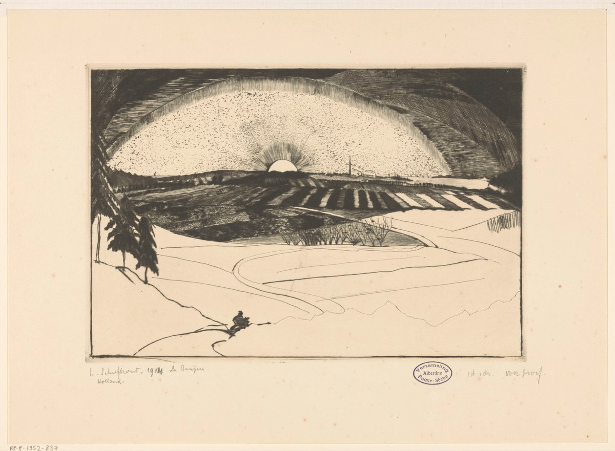 Nouseva tai laskeva aurinko mäkisen maiseman ylle La Bruyere (alkuperäinen nimi esineessä) tekijältä Lodewijk Schelfhout (signed by artist)