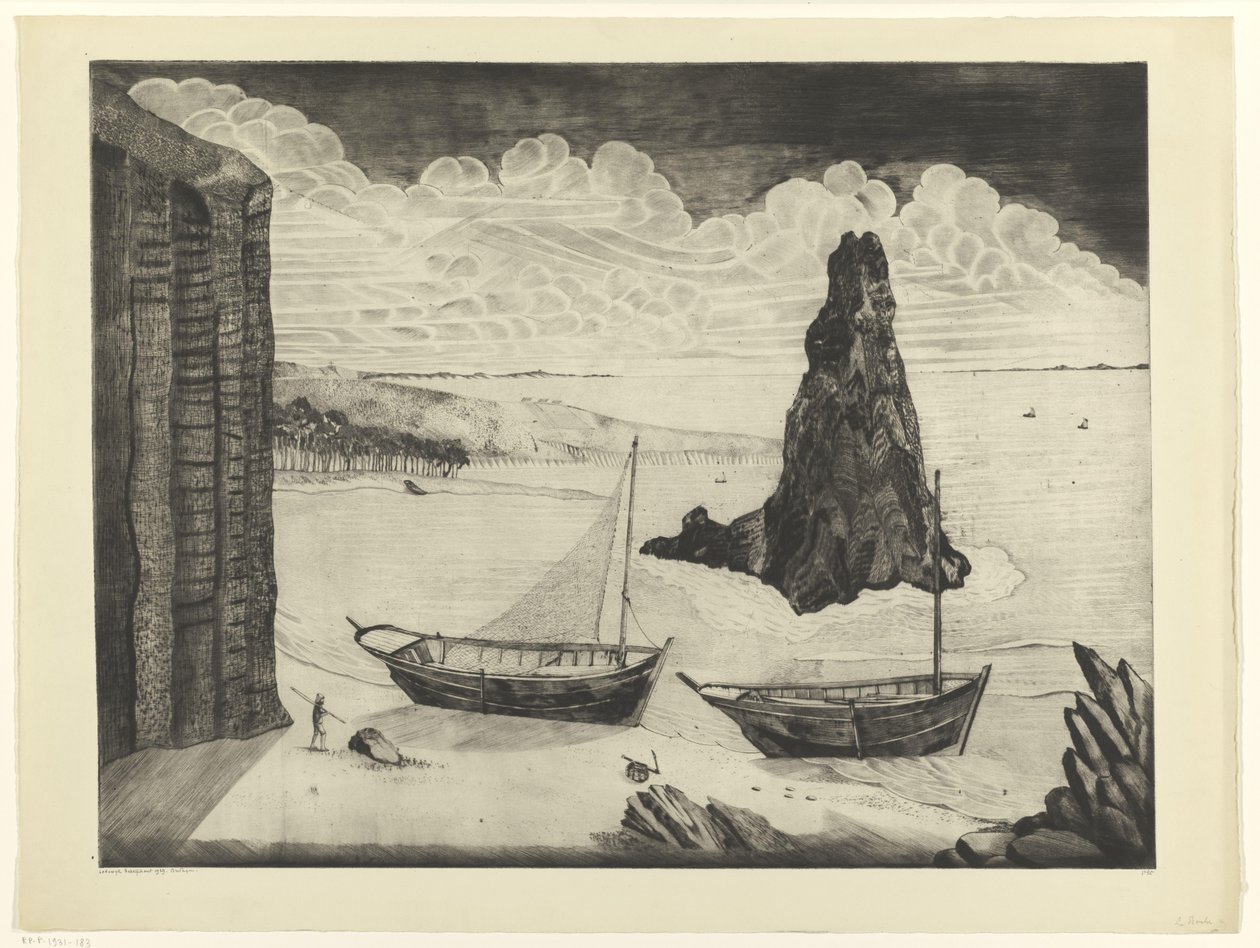 Kaksi ankkuroitua laivaa rannalla Le Rocher (alkuperäinen nimi) tekijältä Lodewijk Schelfhout (signed by artist)