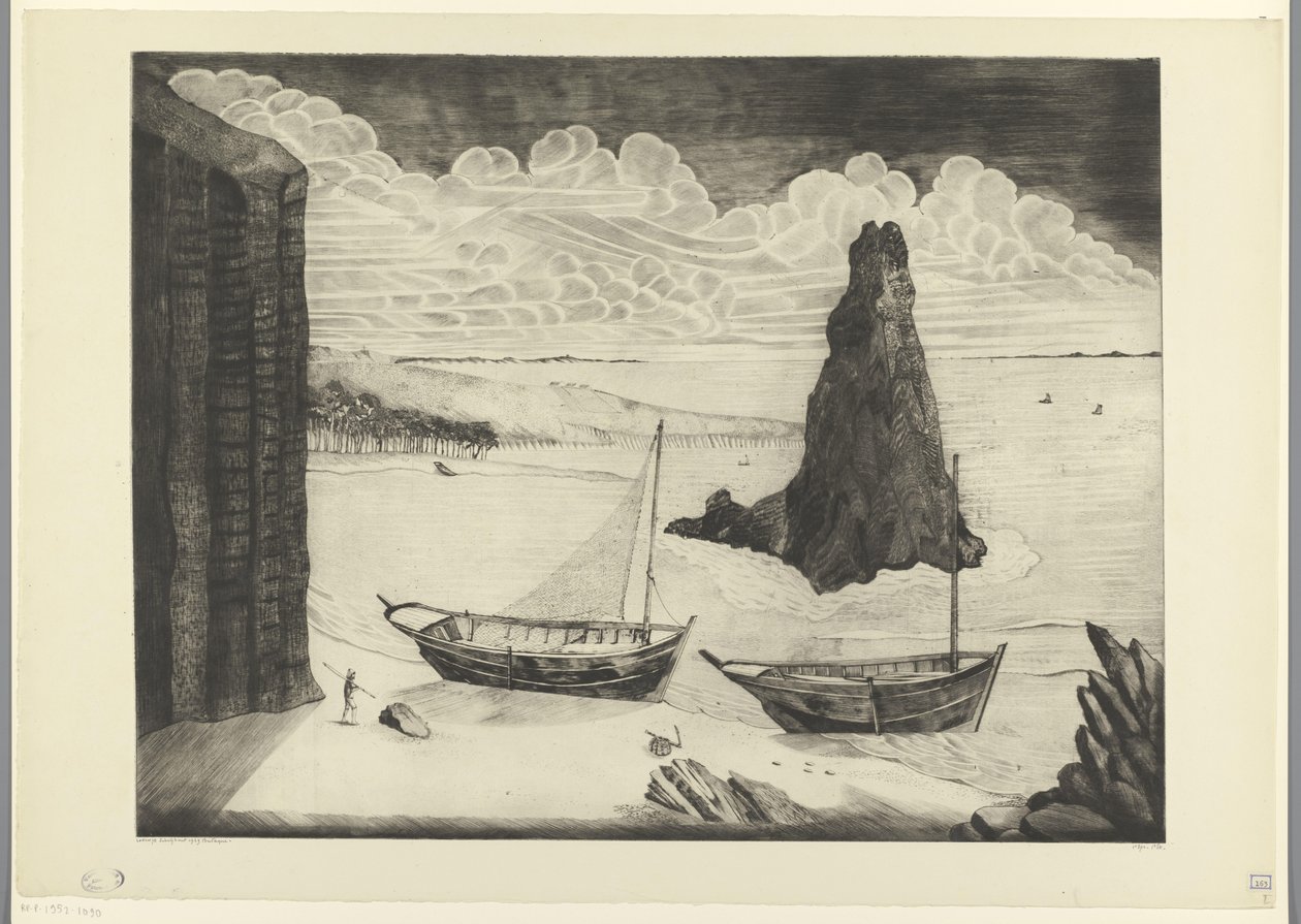 Kaksi ankkuroitua laivaa rannalla Le Rocher (alkuperäinen nimi) tekijältä Lodewijk Schelfhout (signed by artist)