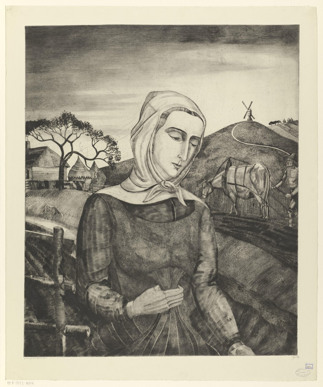 Flanderin maanviljelijä mäkisessä maisemassa Jeune fille Flamande (alkuperäinen nimi) tekijältä Lodewijk Schelfhout (signed by artist)