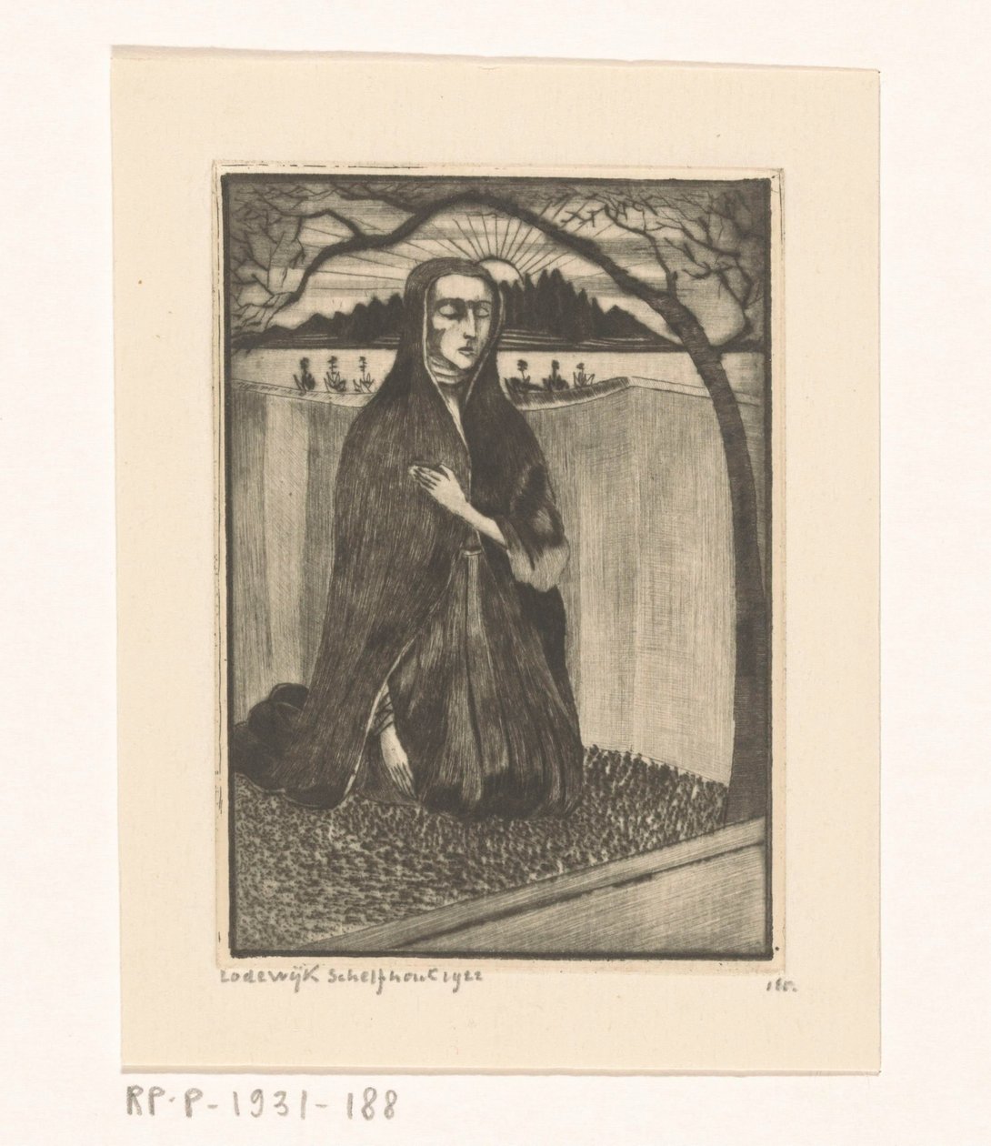 Nainen haudalla Femme au tombeau (alkuperäinen nimi) tekijältä Lodewijk Schelfhout (signed by artist)