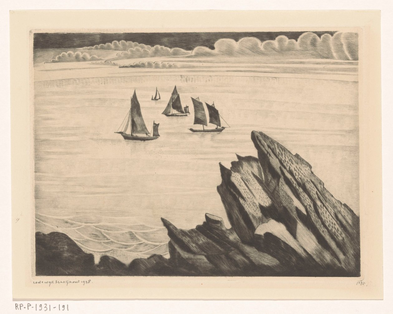 Purjelaivoja Bretonin rannikolla Un soir en Bretagne (alkuperäinen nimi) tekijältä Lodewijk Schelfhout (signed by artist)