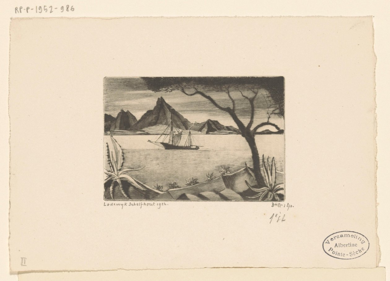 Purjelaiva lahdella Le Bateau (alkuperäinen nimi) tekijältä Lodewijk Schelfhout (signed by artist)