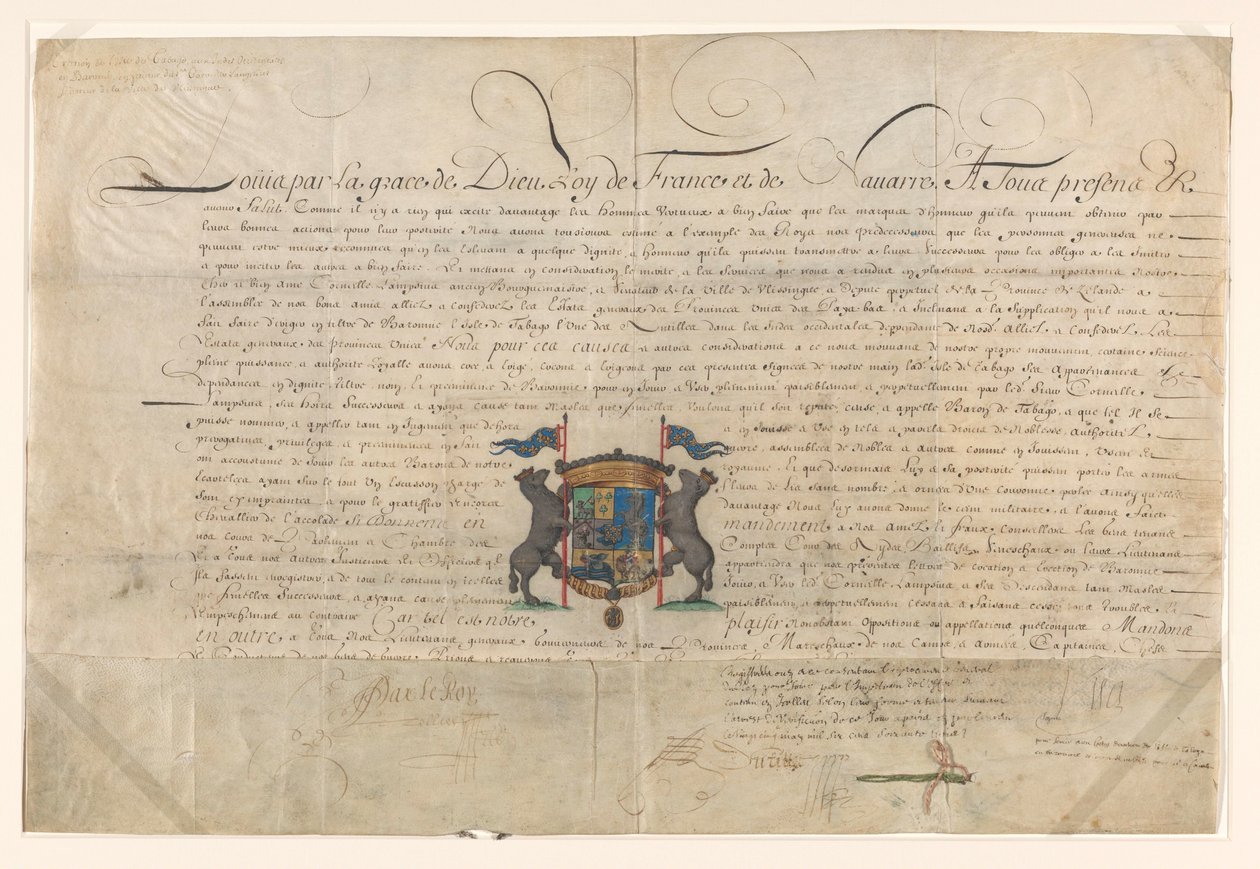 Diplomi, jolla Ludvig XIV korotti Cornelis Lampsinsin Tobagon paroniksi ja Pyhän Michelin ritarikunnan ritariksi tekijältä Lodewijk XIV (koning van Frankrijk) (signed by artist)