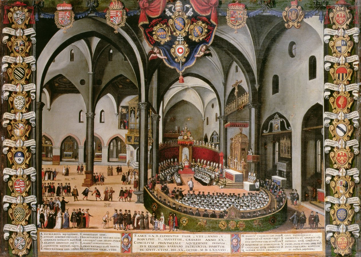 Urkuovi, joka kuvaa Udinessa vuonna 1596 pidettyä Aquileian konsiilia. tekijältä Lodovico Pozzerrato