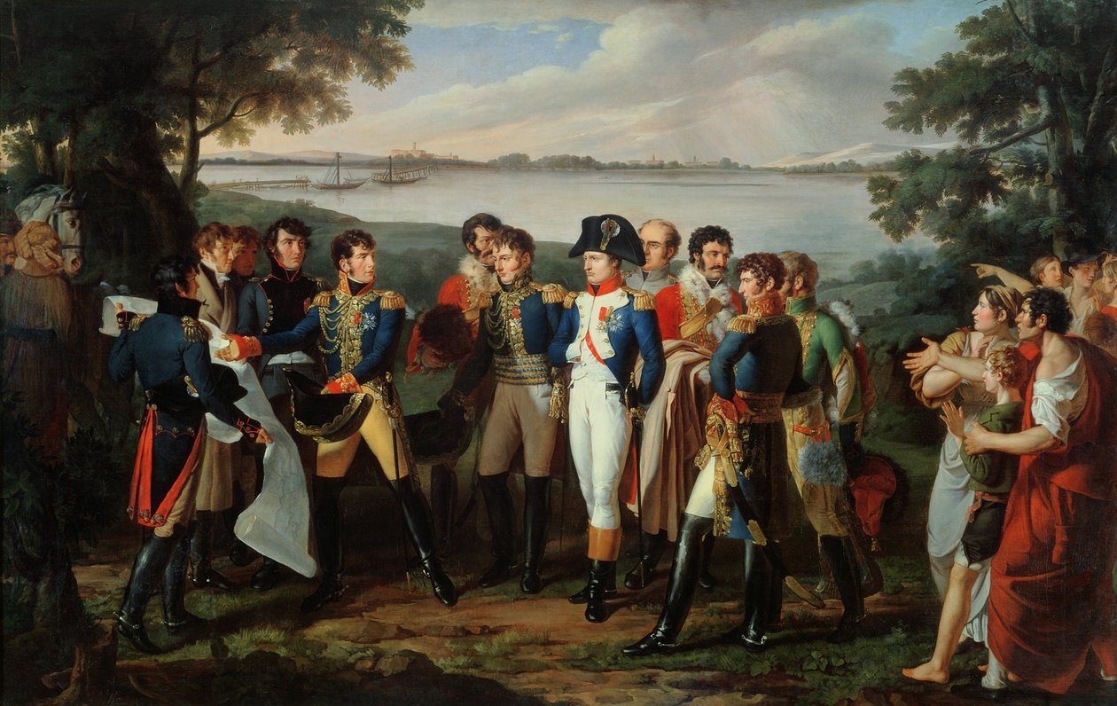 Napoleon (1769-1821) antaa määräyksen Tonavan silloittamisesta Ebersdorfissa Lobaun saaren saavuttamiseksi 19. toukokuuta 1809. tekijältä Lodovico Venuti