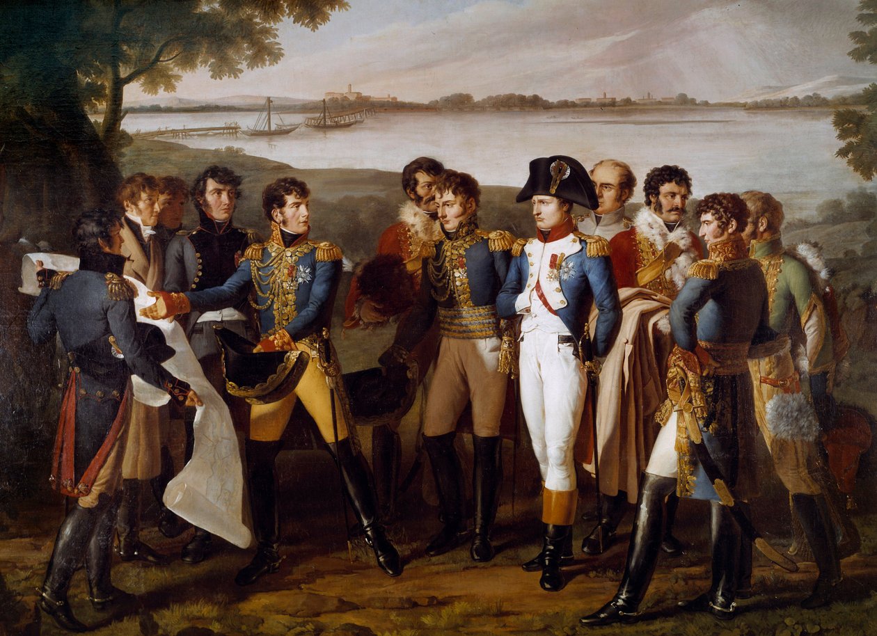 Napoleon I käski rakentaa sillan Tonavan yli Ebersdorfiin 19. toukokuuta 1809. Kenraali Henri Gatien Bertrand (1773-1844) esittelee Lobaun saaren läpi kulkevan sillan suunnitelmat "" Yksityiskohta. Ludovico Venutin maalaus (toiminut 1799-1810) tekijältä Lodovico Venuti