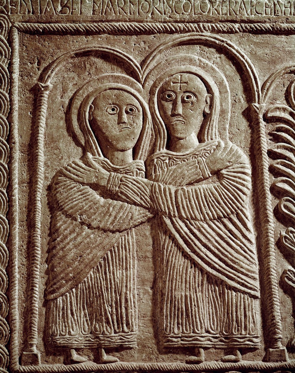 Keskiajan arkeologia (keskiaika). Lombardian barbaaritaide: Visitation, Saint Elizabeth ja Saint Mary. Veistos, Lombard-taide, 737-744. Cividale del Friuli, Chretien-museo, katedraalin aarre tekijältä Lombard School