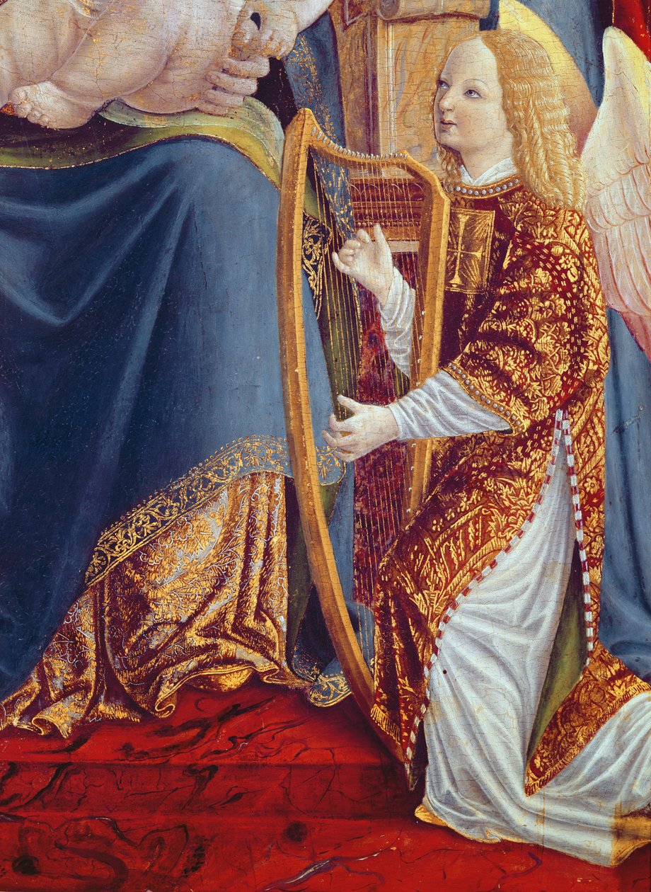 Madonna ja lapsi enkelimuusikoiden kanssa, yksityiskohta Enkelimuusikosta soittamassa harppua, n. 1490-1500 (tempera paneelissa) tekijältä Lombard School