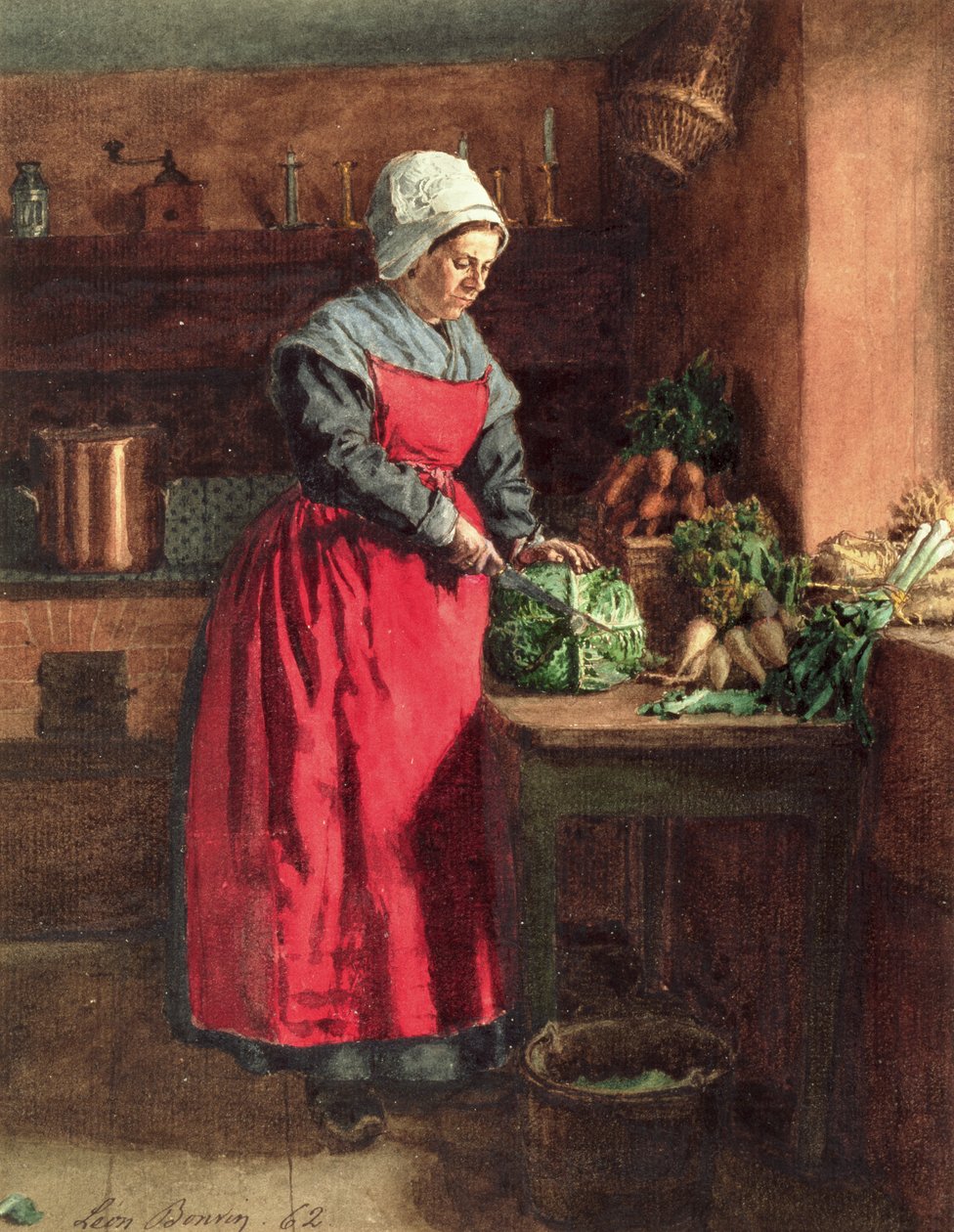 Kokkaa punaisella esiliinalla, 1862 (wc, guassi, kynä ja muste ja grafiitti paperille) tekijältä Léon Bonvin