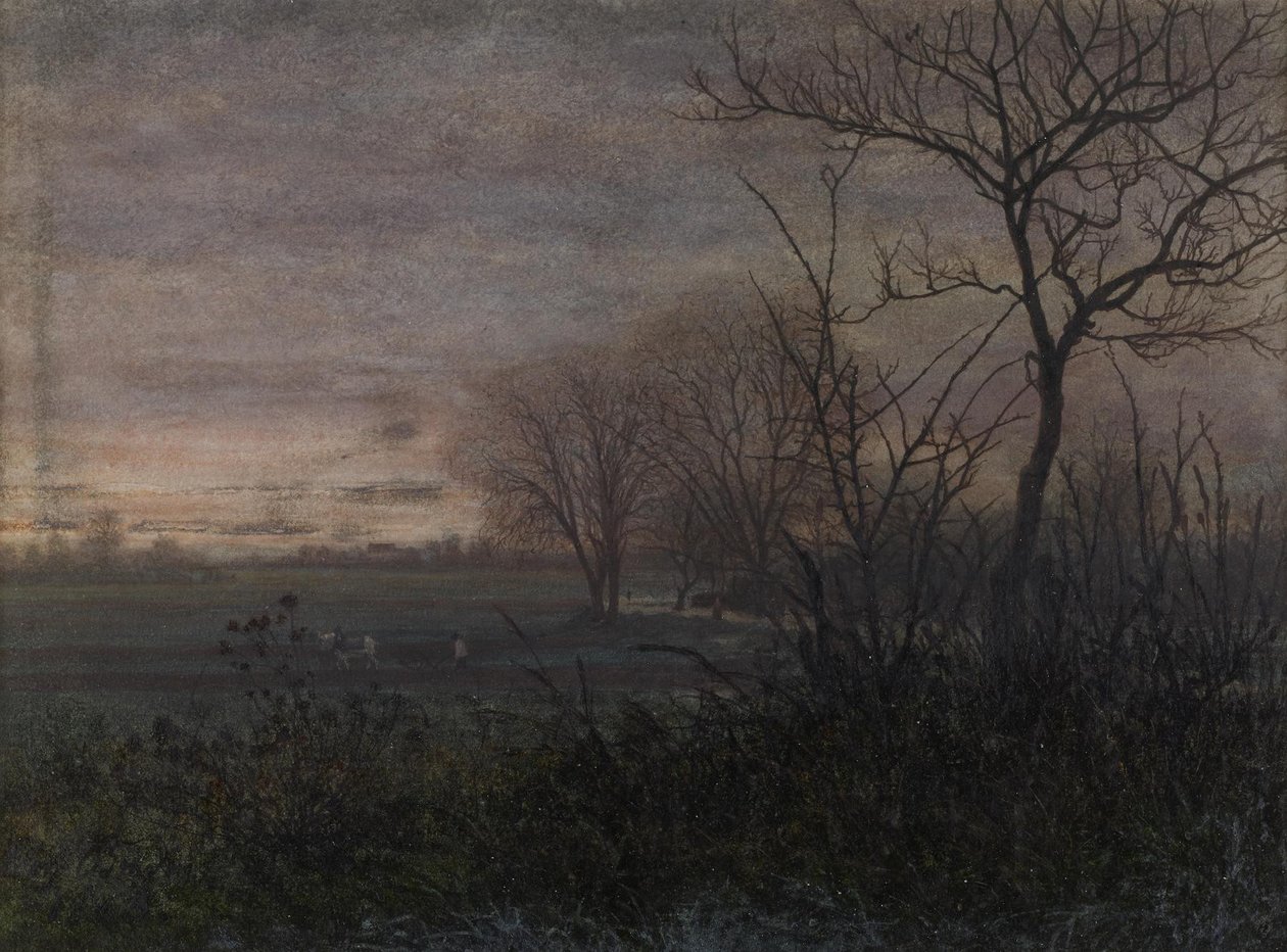Kyntö hämärässä, 1865 (wc ja kynä ja muste paperille) tekijältä Léon Bonvin