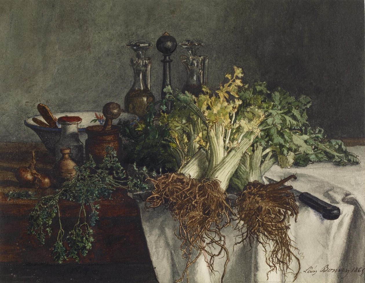 Keittiön pöydän asetelma, jossa on selleriä, persiljaa, kulho ja maljakoita, 1865 (wc ja tussi ja muste paperille) tekijältä Léon Bonvin
