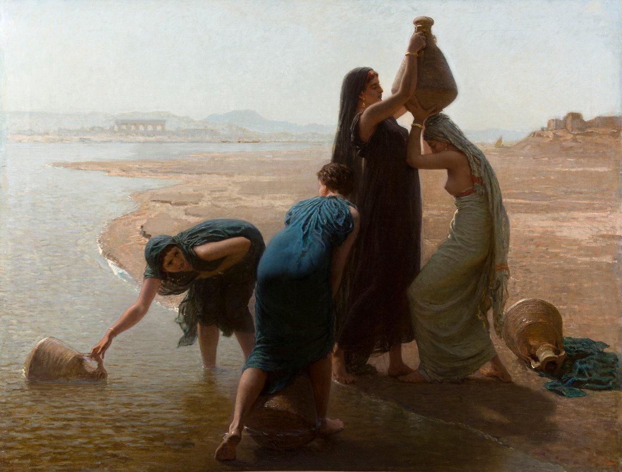 Ranskalainen:  Femmes fellahs au bord du Nil: Femmes fellahs au bord du Nil
Hebrew: נשים שואבות מים על שפת הנילוס tekijältä Léon Belly