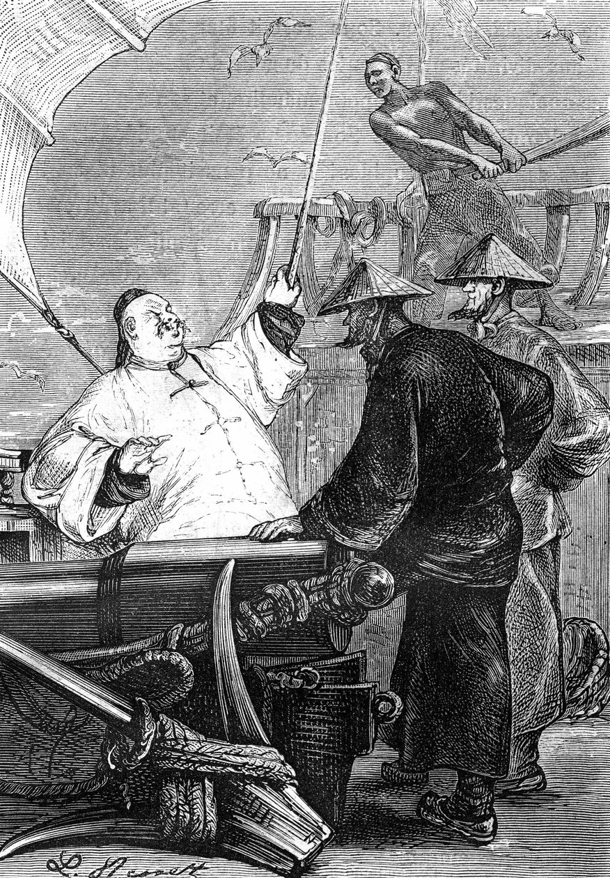 Leon Benettin piirros Jules Vernen kirjasta "Kiinalaisen kärsimykset Kiinassa" - Hetzelin painos/Extraordinary Voyages 1879. tekijältä Léon Benett