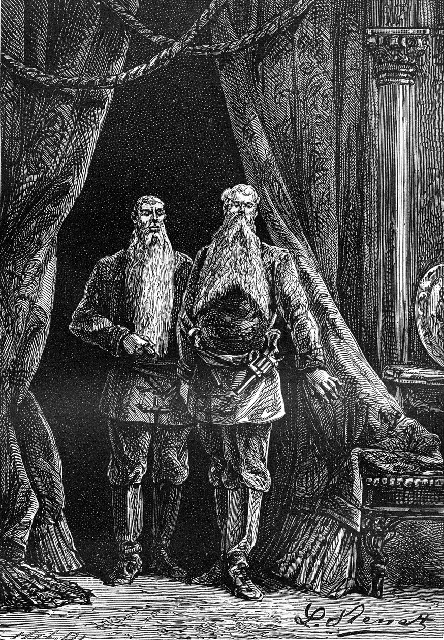 Leon Benettin piirros Jules Vernen kirjasta "Begumin 500 miljoonaa" - painos Hetzel/Extraordinary Voyages 1879. Arminiuksen ja Sigimerin, kahden vaikuttavan parrakkaan, ulkonäkö. tekijältä Léon Benett