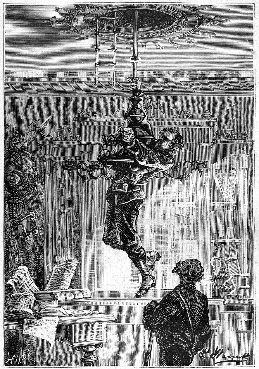 Leon Benettin piirros Jules Vernen kirjasta "Begumin 500 miljoonaa" - painos Hetzel/Extraordinary Voyages 1879. "... Hän ei ollut juuri ripustettu kynttilänjalan doreen, kun hän äärimmäisenä yllätyksenä näki hänen putoavan kätensä alle. Katto tekijältä Léon Benett