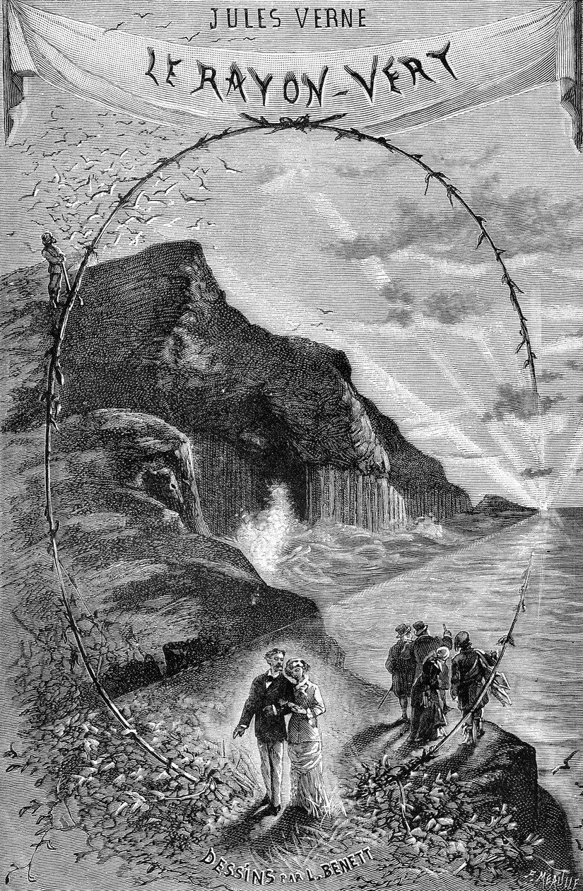 Jules Vernen romaanin "Vihreä säde" etukuva, Hetzelin kokoelma/Extraordinary Voyages 1882. Leon Benettin piirros. tekijältä Léon Benett