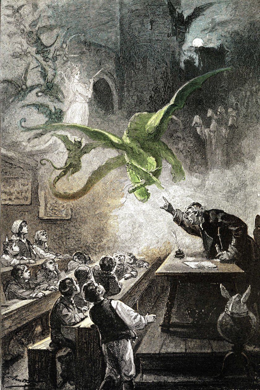Kuvitus Jules Vernen romaaniin "Le chateau des Carpathes", edition Hetzel/Voyages extraordinaire 1892, piirros Leon Benett. Magister Hermod herättää linnassa henkiin lohikäärmeitä, maksuja, demoneja, spectraa, revenantteja... tekijältä Léon Benett