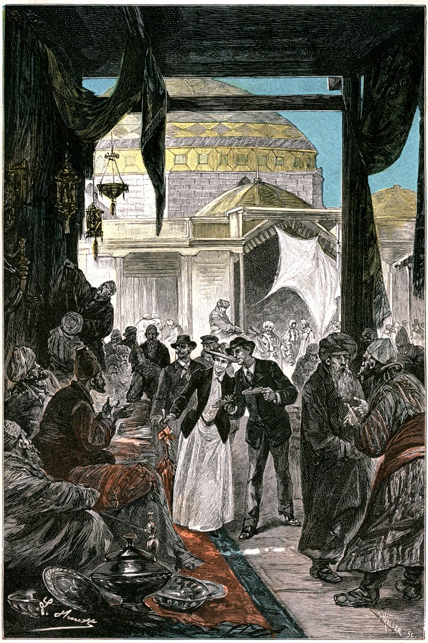 Samarkanden (nykyisin Samarkand tai Samarqand Uzbekistanissa) basaari, kuvitus Jules Vernen romaaniin "Claudius Bombarnac", painos Hetzel 1892 - Piirros Leon Benett (Hippolyte Leon Benet). tekijältä Léon Benett