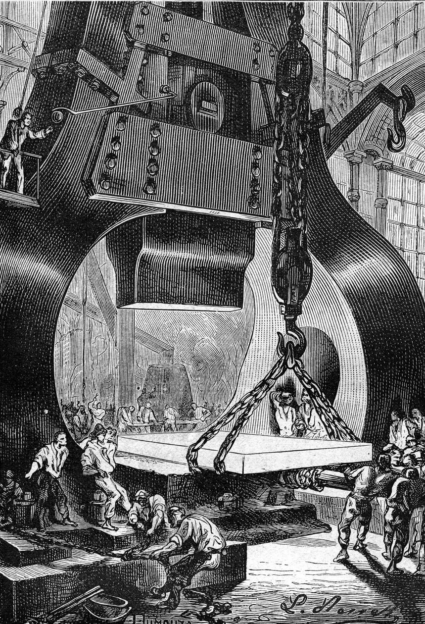Leon Benettin piirros Jules Vernen kirjasta "Begumin 500 miljoonaa" - painos Hetzel/Extraordinary Voyages 1879. vasararumpali (rumpali) työssä teräsvalimossa. tekijältä Léon Benett