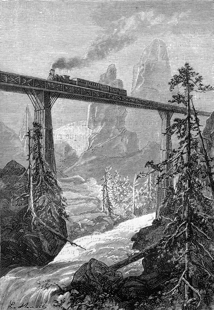Leon Benettin piirros Jules Vernen kirjasta "Begumin 500 miljoonaa" - painos Hetzel/Extraordinary Voyages 1879. Höyryjuna kulkee rohkean sillan yli, vuoristomaisemassa, jossa virtaa joki. tekijältä Léon Benett