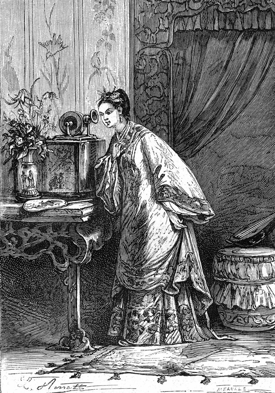 Leon Benettin piirros Jules Vernen kirjasta "Kiinalaisen kärsimykset Kiinassa" - Hetzelin painos/Extraordinary Voyages 1879. Nuori kiinalaistyttö kuuntelee fonografilla nauhoitettua viestiä. tekijältä Léon Benett