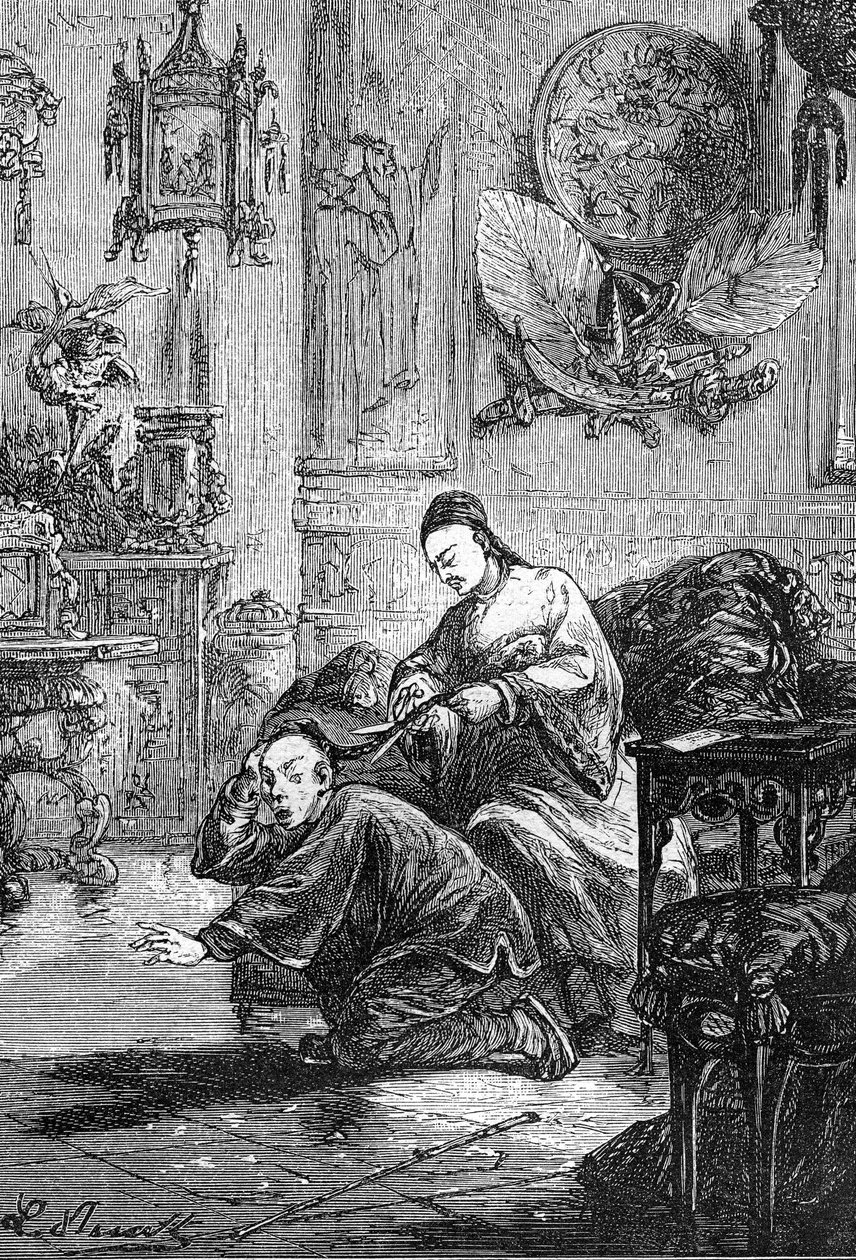 Leon Benettin piirros Jules Vernen kirjasta "Kiinalaisen kärsimykset Kiinassa" - Hetzelin painos/Extraordinary Voyages 1879. tekijältä Léon Benett