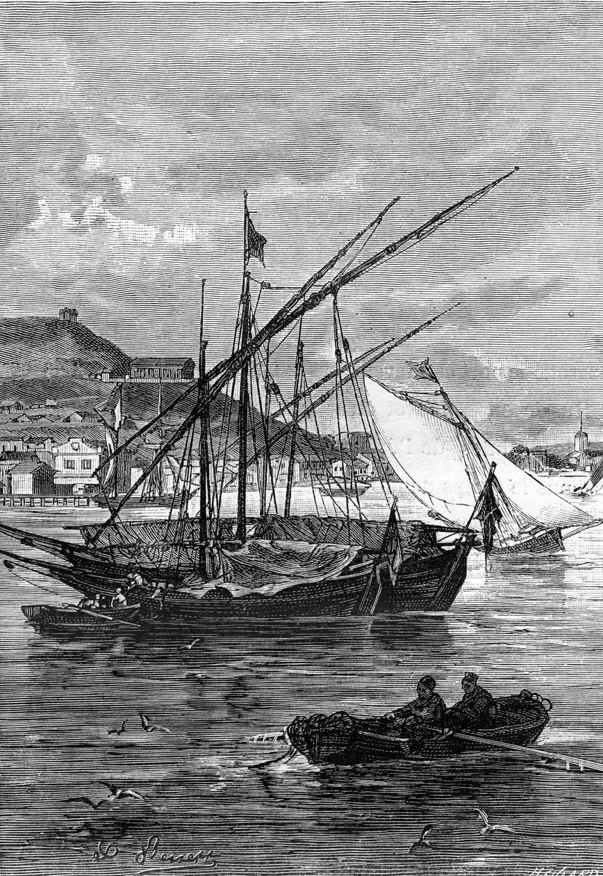 kuvitus Jules Vernen romaanista "Keraban jääräpäinen", Hetzelin kokoelma/extraordinary voyages 1883. Leon Benettin piirros: Kertschin (Krim) satama Iénikale-salmen varrella Mustanmeren ja Asofinmeren välissä. tekijältä Léon Benett