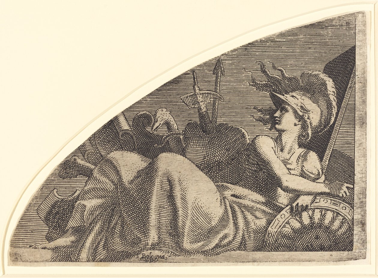 Bellona istuu pokaalillaan tekijältä Léon Davent after Francesco Primaticcio