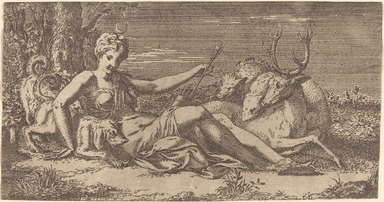 Diana lepää tekijältä Léon Davent after Francesco Primaticcio