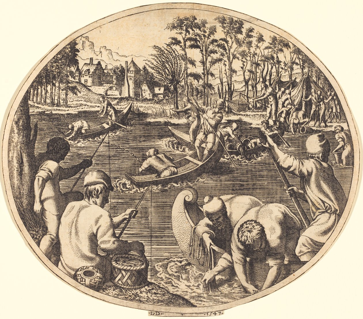 Kalastuskohtaus tekijältä Léon Davent after Francesco Primaticcio