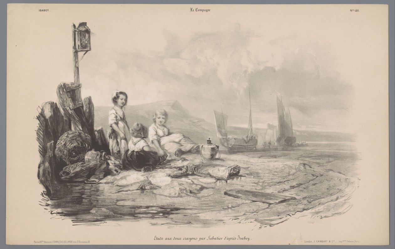 Tres nens jugant en una badia Representacions de la vida rural (títol de la sèrie) La Campanya. Acabat Etudes varieés aux deux Crayons (títol de la sèrie sobre objecte). tekijältä Léon Jean Baptiste Sabatier