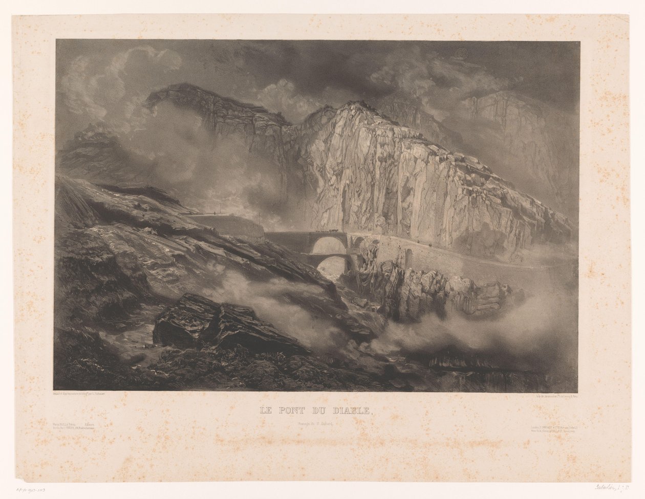 Näkymä Gotthardin solan Paholaisen sillalle Le Pont du Diable, passage du St. Gothard (otsikko esineessä) tekijältä Léon Jean Baptiste Sabatier