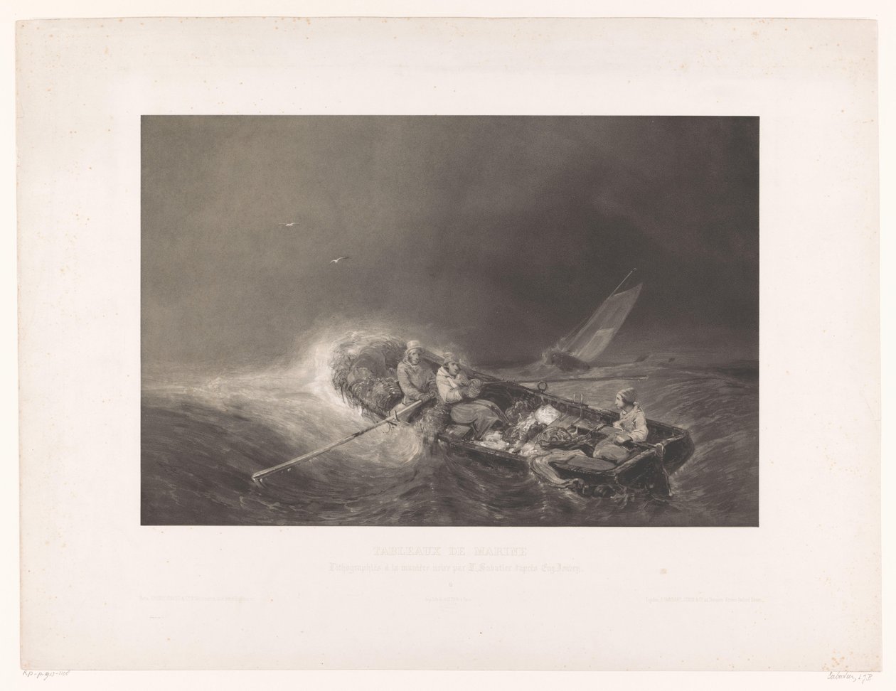Vissers in een roeiboot op zee Marine gezichten (sarjan nimi) Laivaston maalauksia. Litografoi mezzotintissa L. Sabatier Eug. Isabey (sarjan nimi esineellä) tekijältä Léon Jean Baptiste Sabatier