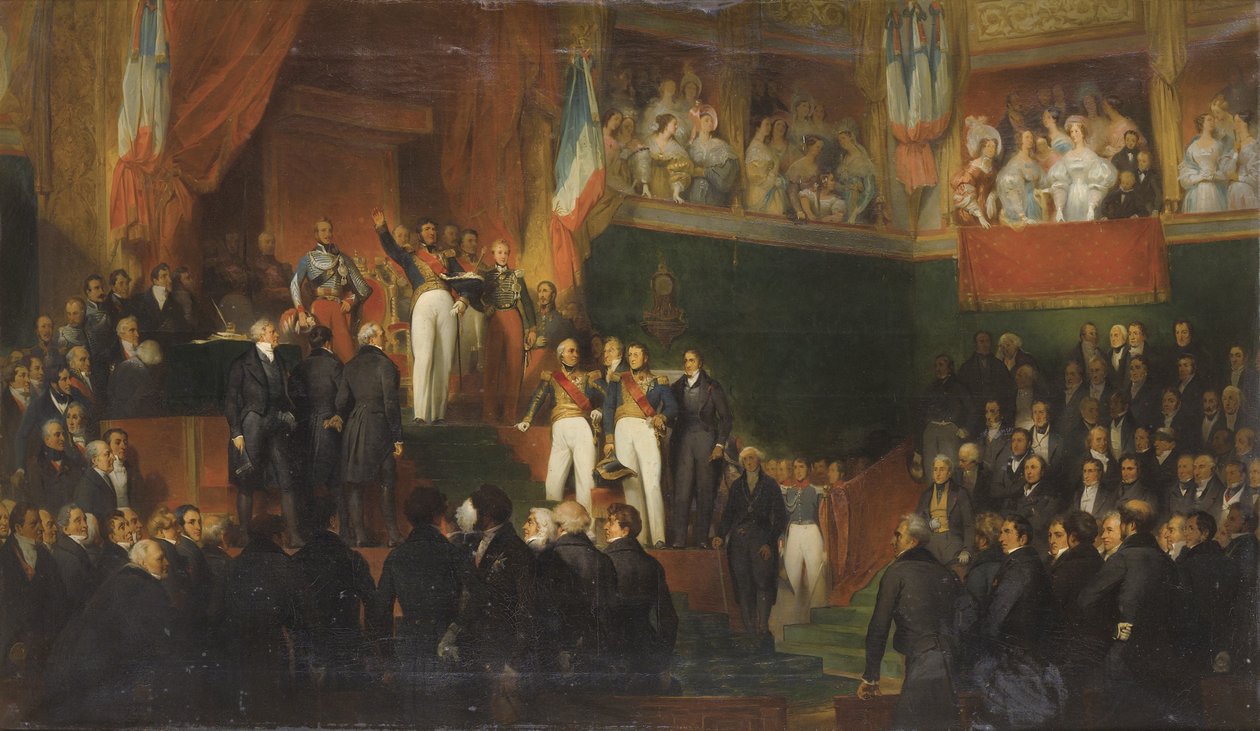 Louis-Philippe I vannoi virkavalan kuninkaaksi edustajainhuoneen edessä 9. elokuuta 1830 tekijältä Léon Jean Basile Perrault