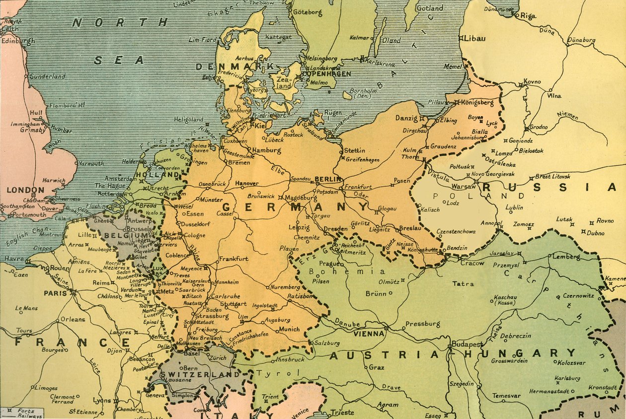 "Keski-Euroopan kartta, joka näyttää sodan pääteatterin", 1919. tekijältä London Geographical Institute