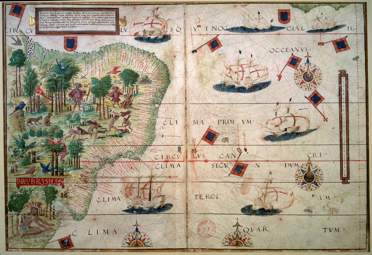 Brasilian hydrografinen kartta - Kartografi Loppo Homem 1519 Pariisin käsikirjoituksella valaistu "" Portugalin meriatlas". B.N. - Brasilian hydrografinen kartta - Loppo Homemin (1500-luku) valaistusta käsikirjoituksesta "" Englantilainen meriatlas" tekijältä Lopo Homem