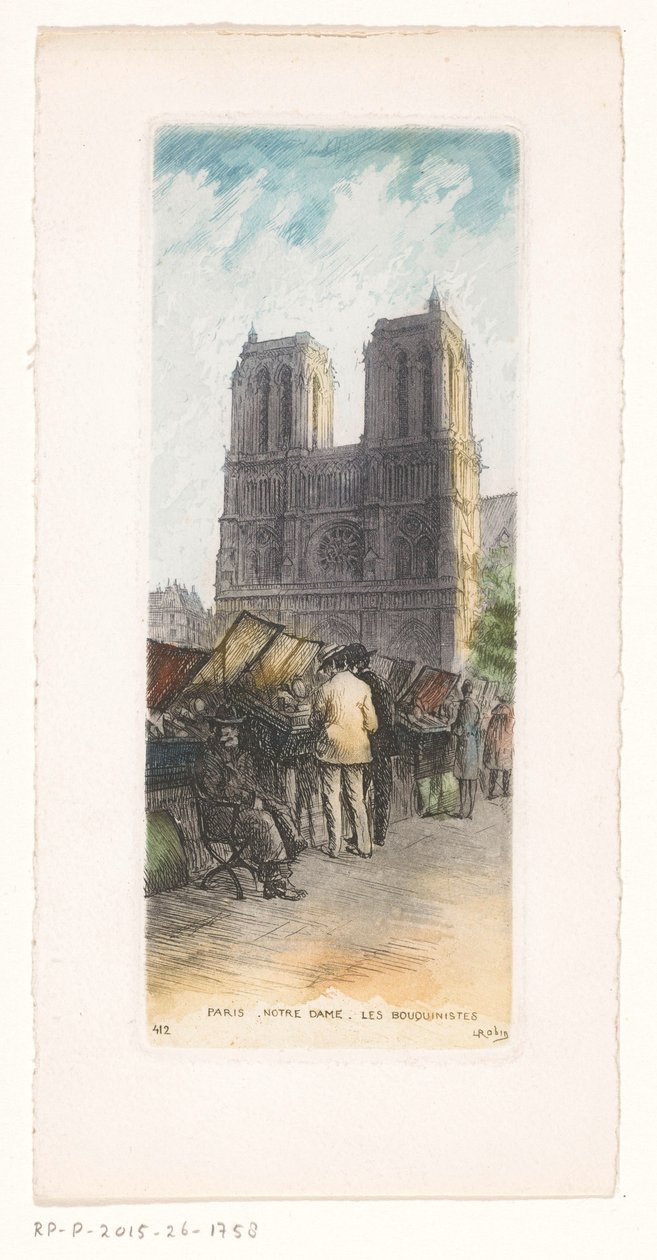 Näkymä Notre-Damelle Pariisissa kirjakauppiaiden kanssa etualalla Paris Notre Dame les bouquinistes (otsikko esineessä) tekijältä Léopold Robin