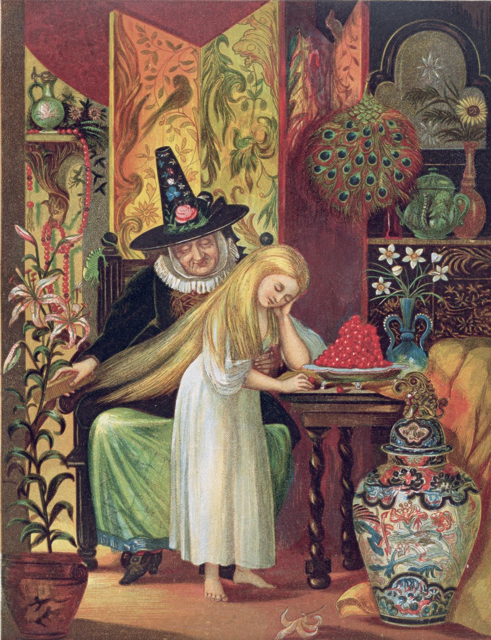 Vanha noita kampaa Gerdan hiuksia kultaisella kamalla saadakseen tämän unohtamaan ystävänsä Hans Christian Andersenin saduista, 1872 "Lumikuningatar" tekijältä Lorens Frolich