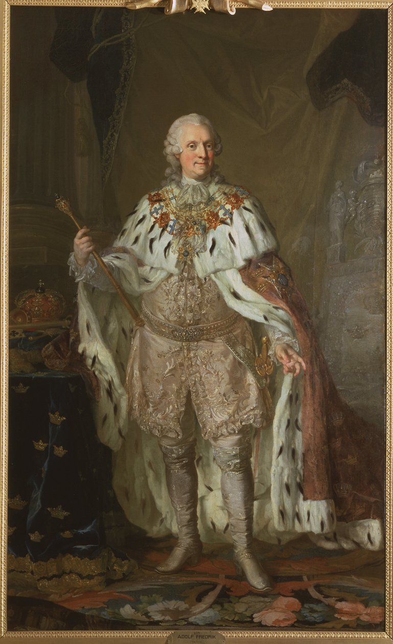 Adolphe Frederic de Suede - Muotokuva Ruotsin kuninkaan Adolph Frederickistä (1710-1771), Pasch, Lorenz, nuorempi (1733-1805). Öljy kankaalle. Mitat: 237 x 143 cm. Tukholman kansallismuseo tekijältä Lorens the Younger Pasch